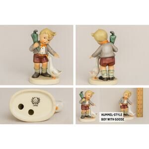 Hummel-Style Boy with Goose Figurine Umbrella 6” Japan Hand Painted VTG